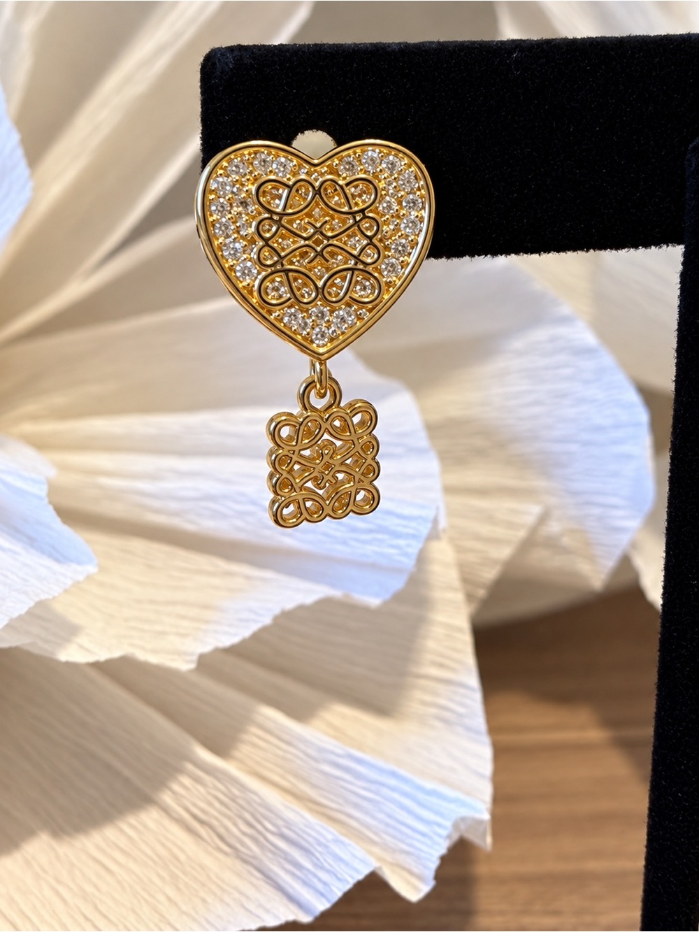 Gold Heart Drop Earrings - Picture 3 of 10